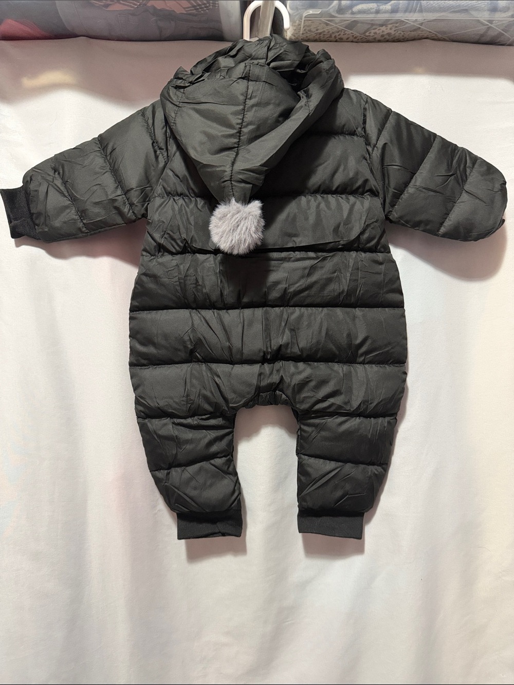 Infant Black Puffer Footed One-Piece with Bear Patch - Picture 2 of 4